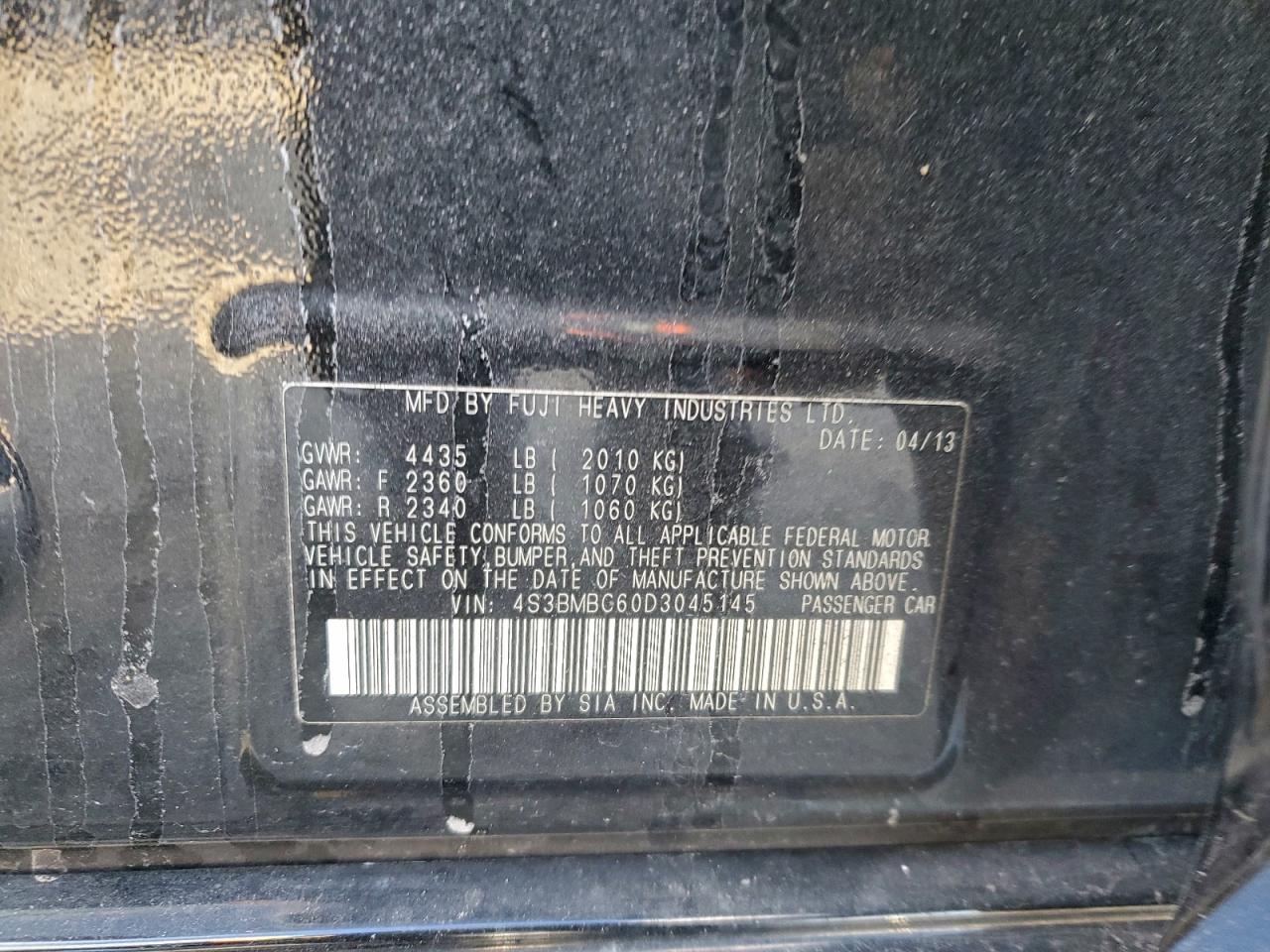 2013 Subaru Legacy 2.5I Premium VIN: 4S3BMBC60D3045145 Lot: 93949145