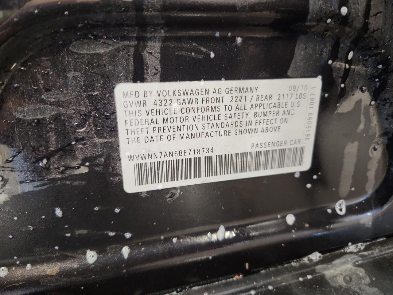 2011 Volkswagen Cc Sport VIN: WVWNN7AN6BE718734 Lot: 92387585