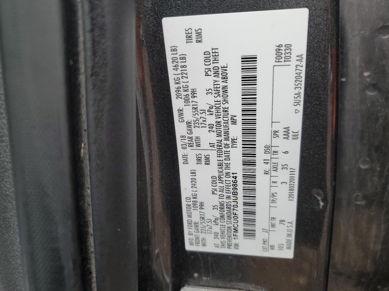 2018 Ford Escape S VIN: 1FMCU0F70JUB98641 Lot: 93243865