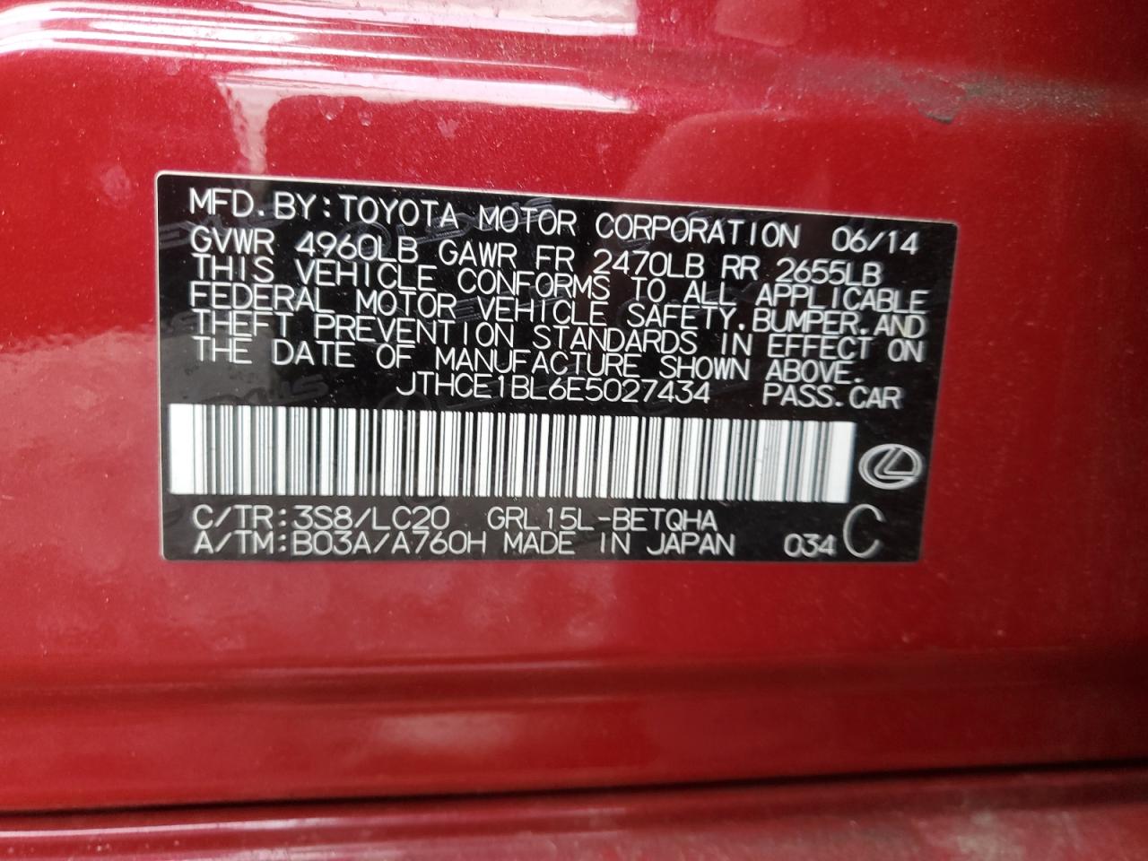 2014 Lexus Gs 350 VIN: JTHCE1BL6E5027434 Lot: 93189945