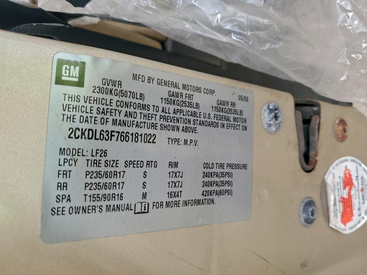 2006 Pontiac Torrent VIN: 2CKDL63F766181022 Lot: 93693565