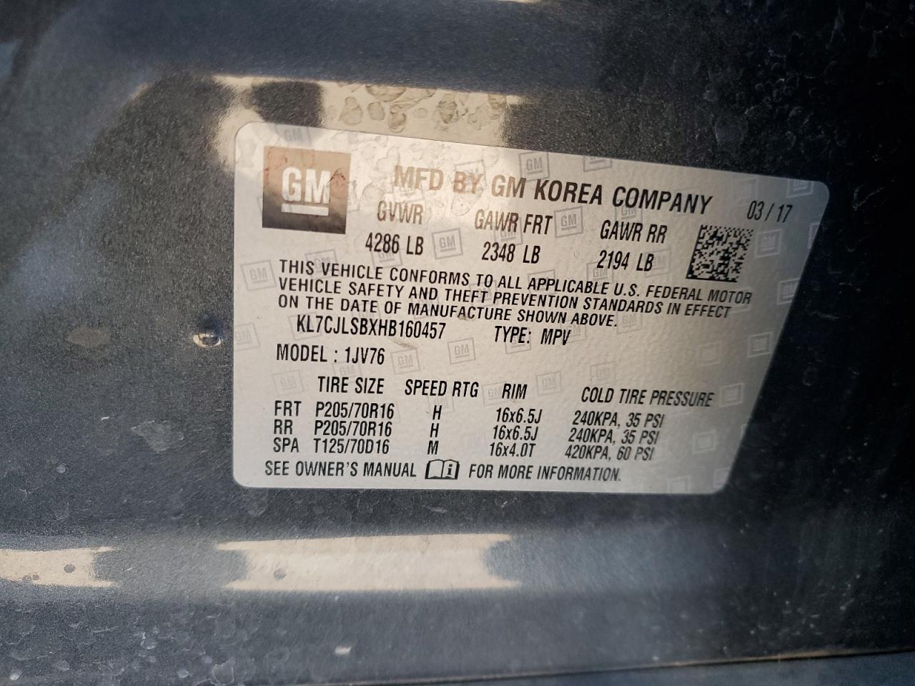 2017 Chevrolet Trax 1Lt VIN: KL7CJLSBXHB160457 Lot: 91557085