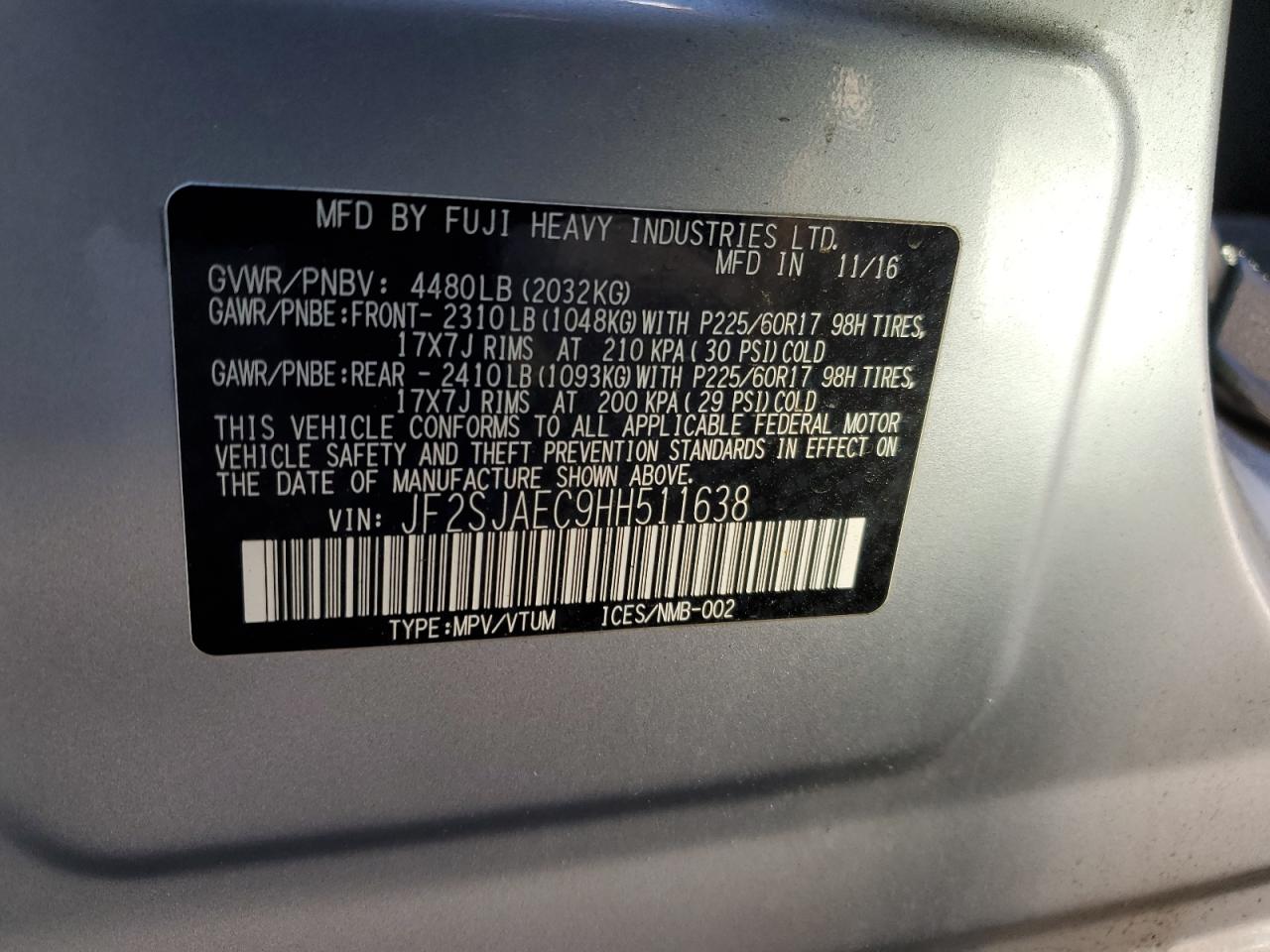 2017 Subaru Forester 2.5I Premium VIN: JF2SJAEC9HH511638 Lot: 93330835