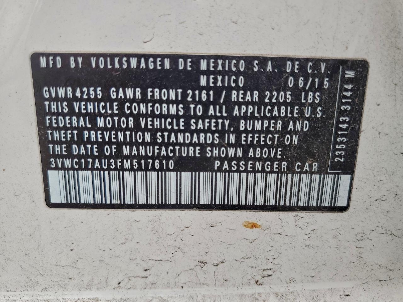 2015 Volkswagen Golf Sportwagen S VIN: 3VWC17AU3FM517610 Lot: 94161655