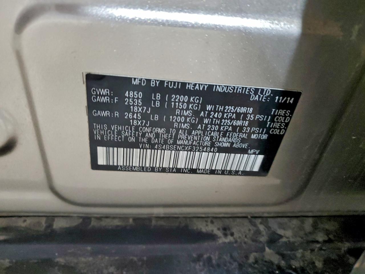 2015 Subaru Outback 3.6R Limited VIN: 4S4BSENCXF3254840 Lot: 94070035