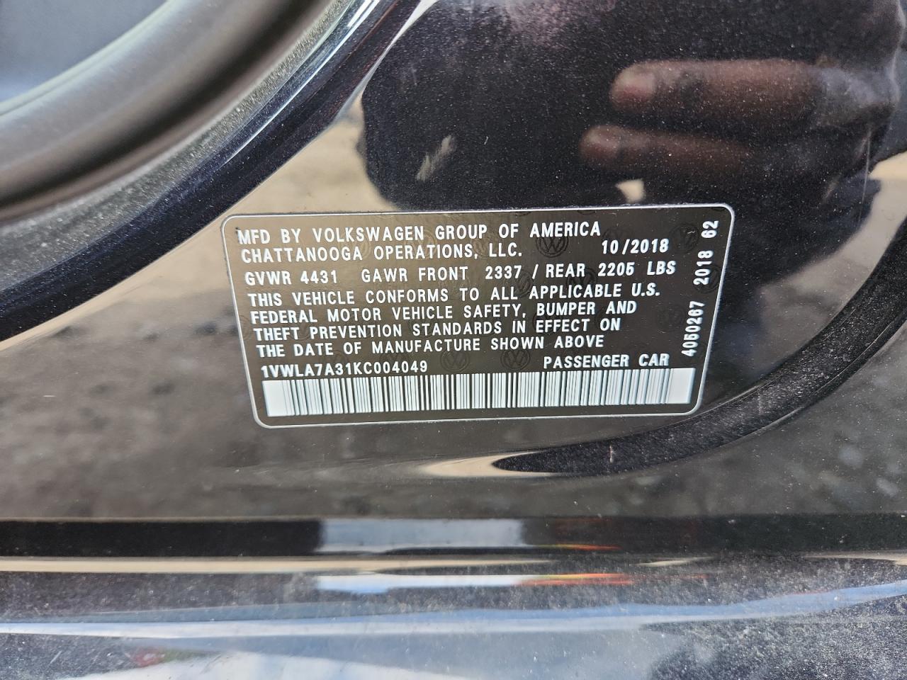 2019 Volkswagen Passat Wolfsburg VIN: 1VWLA7A31KC004049 Lot: 92698955