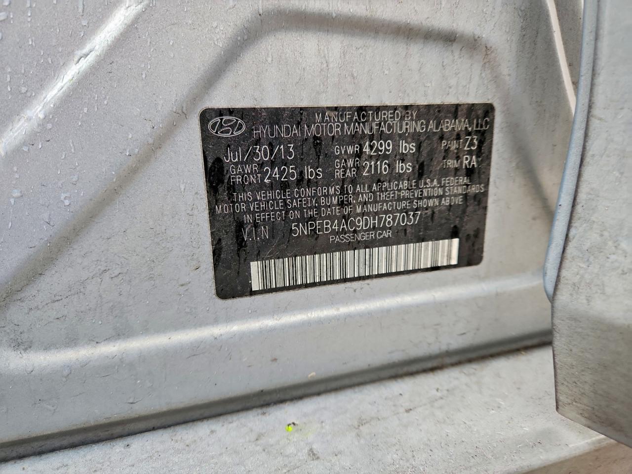 2013 Hyundai Sonata Gls VIN: 5NPEB4AC9DH787037 Lot: 94530885