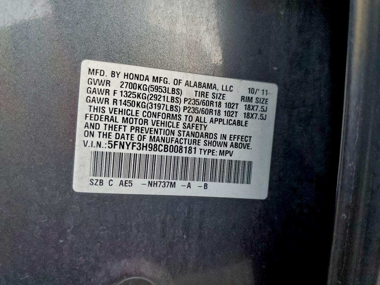 2012 Honda Pilot Touring VIN: 5FNYF3H98CB008181 Lot: 91683755