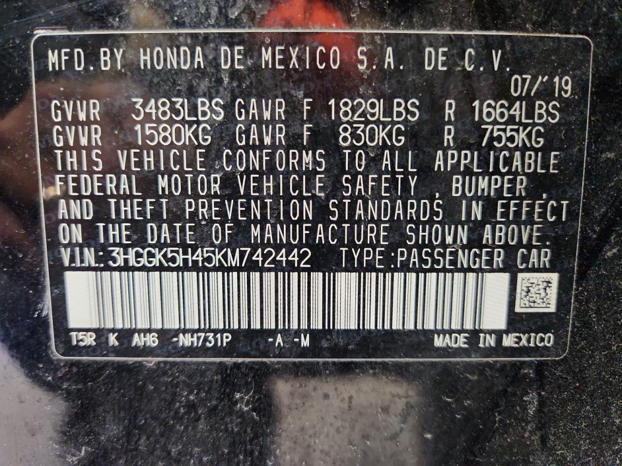 2019 Honda Fit Lx VIN: 3HGGK5H45KM742442 Lot: 91738115