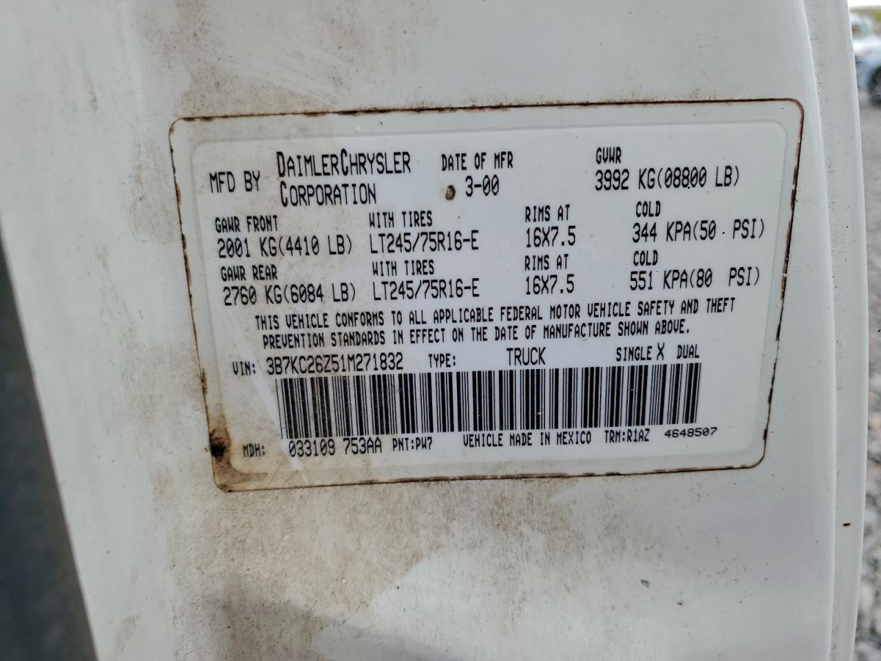 2001 Dodge Ram 2500 VIN: 3B7KC26Z51M271832 Lot: 94362285