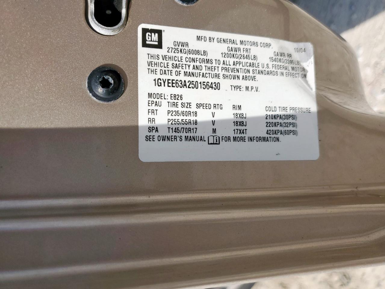 2005 Cadillac Srx VIN: 1GYEE63A250156430 Lot: 92724885