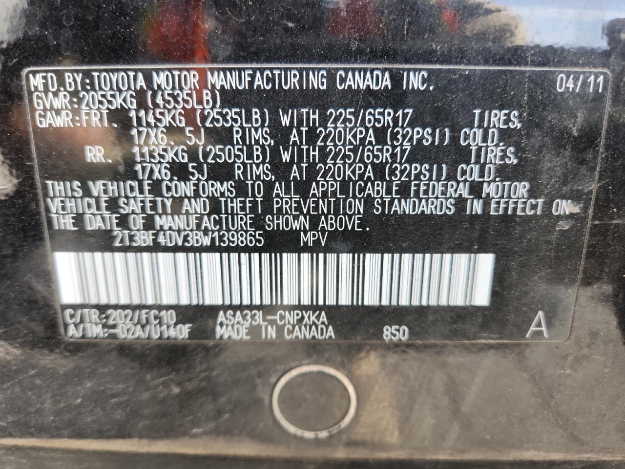 2011 Toyota Rav4 VIN: 2T3BF4DV3BW139865 Lot: 92117735