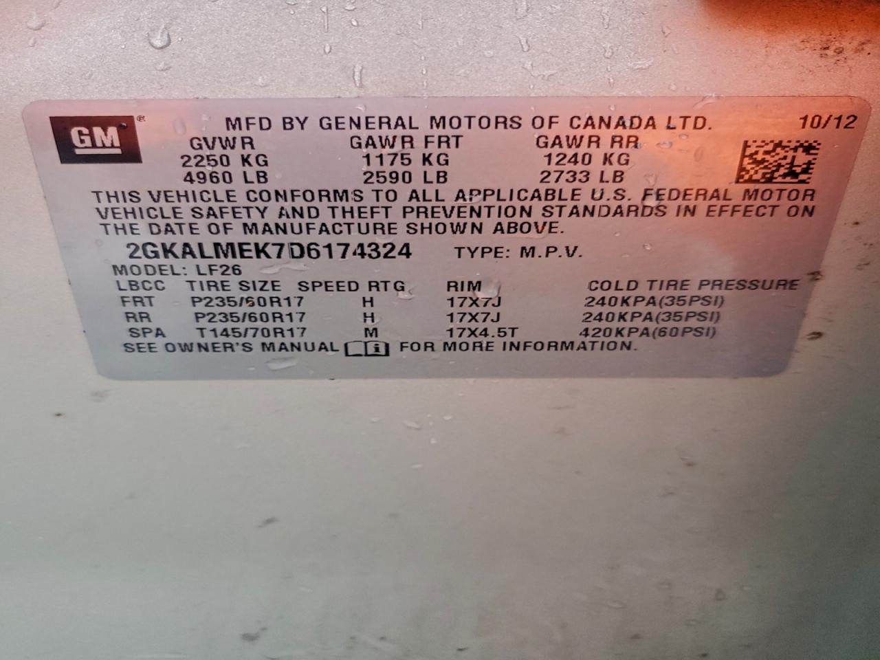 2013 GMC Terrain Sle VIN: 2GKALMEK7D6174324 Lot: 93905155