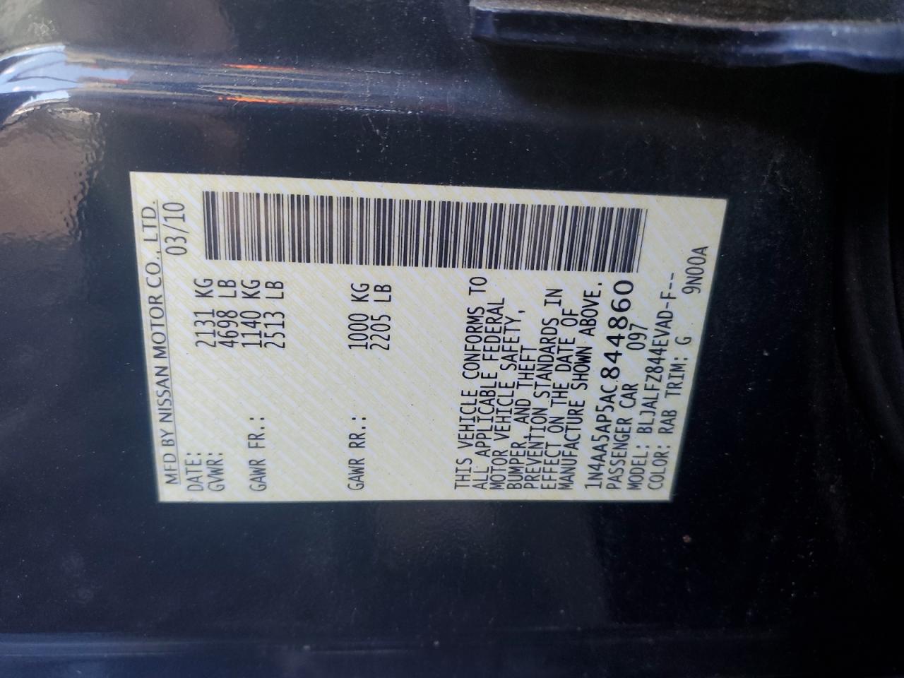 2010 Nissan Maxima S VIN: 1N4AA5AP5AC844860 Lot: 91362925