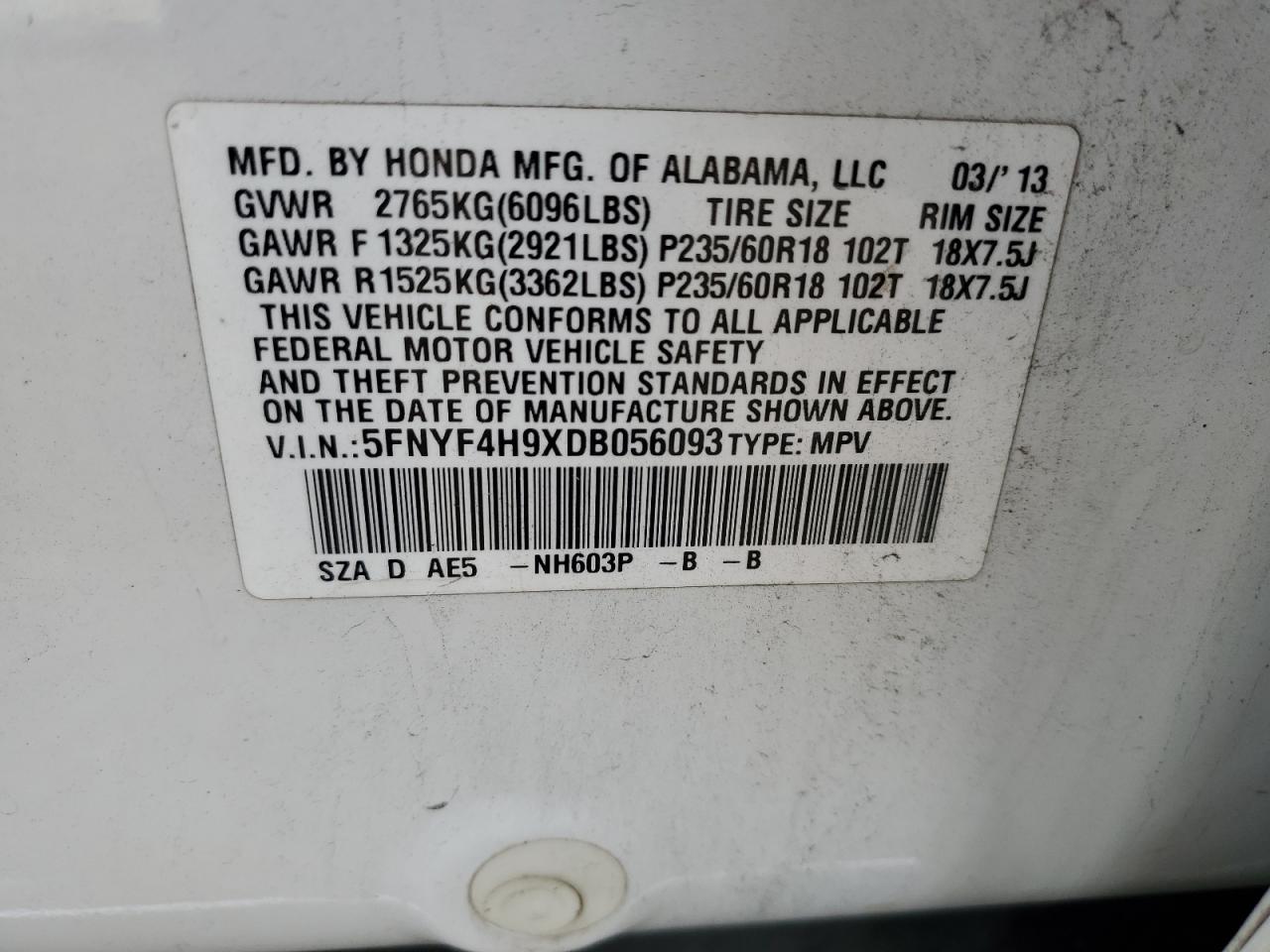 2013 Honda Pilot Touring VIN: 5FNYF4H9XDB056093 Lot: 93487465