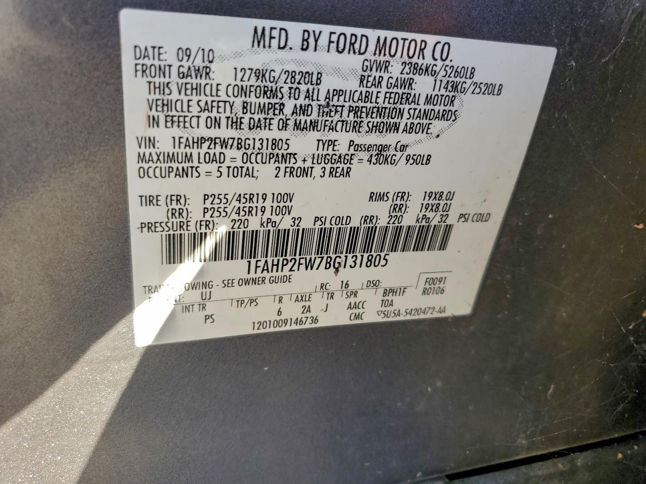 2011 Ford Taurus Limited VIN: 1FAHP2FW7BG131805 Lot: 94358215