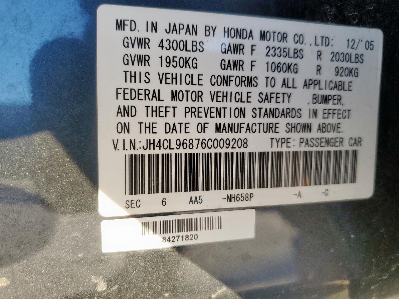 2006 Acura Tsx VIN: JH4CL96876C009208 Lot: 92282025