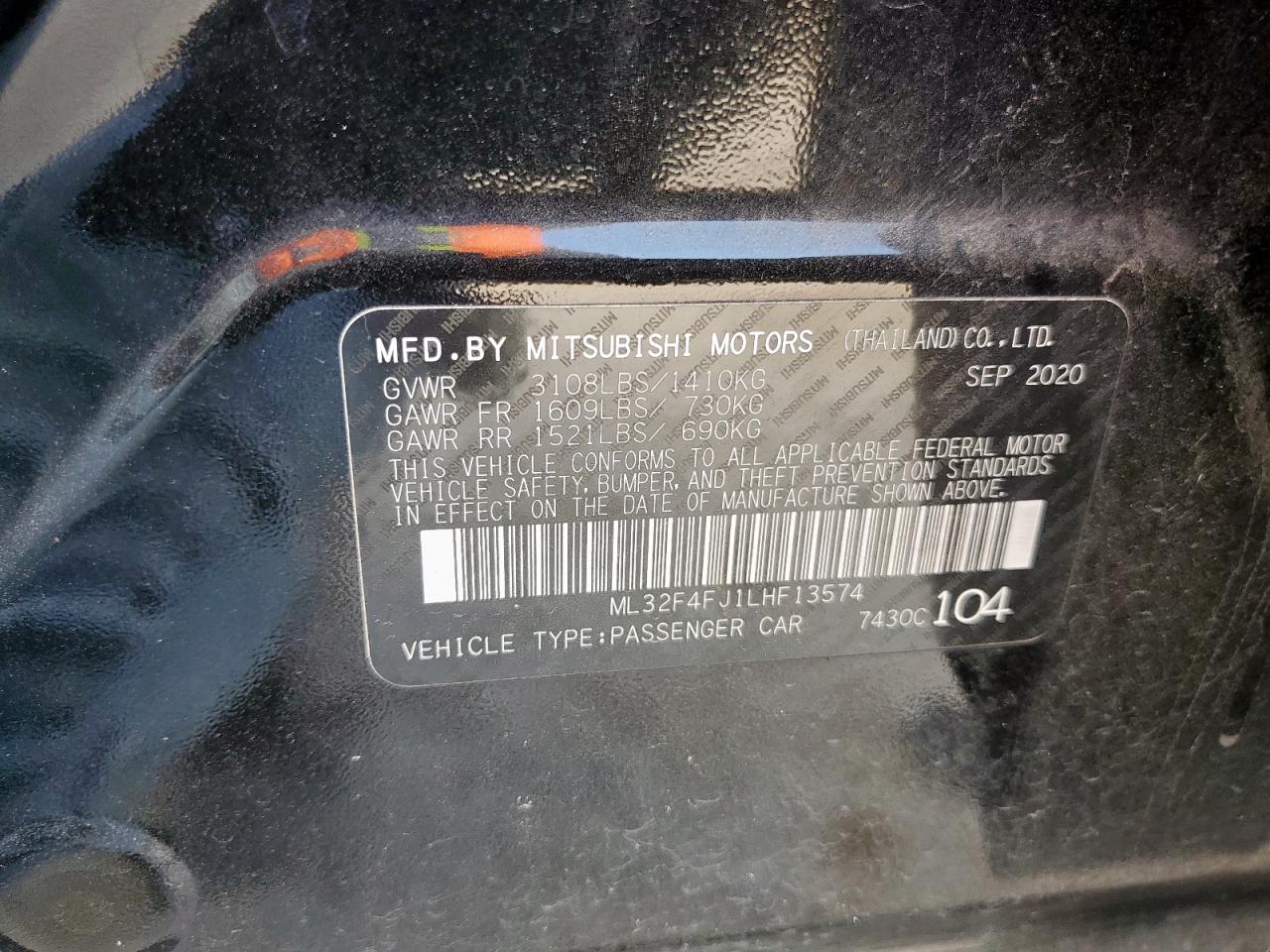 2020 Mitsubishi Mirage G4 Se VIN: ML32F4FJ1LHF13574 Lot: 92586385