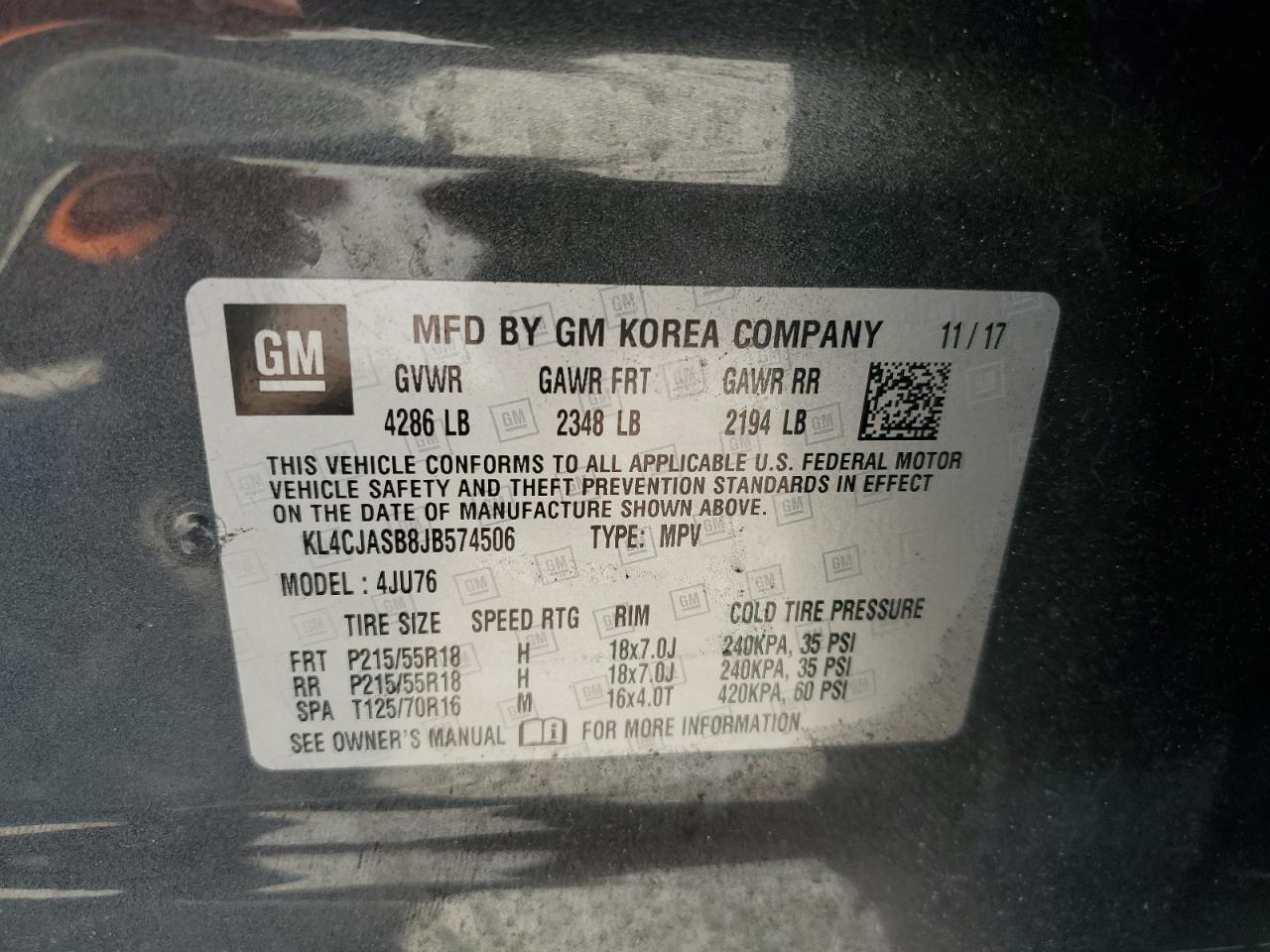 2018 Buick Encore Preferred VIN: KL4CJASB8JB574506 Lot: 92933445