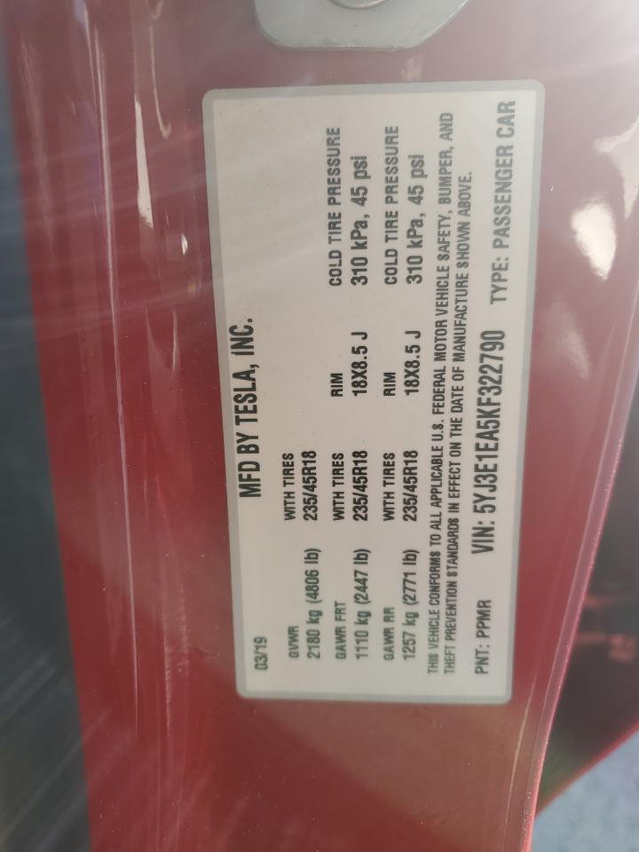 2019 Tesla Model 3 VIN: 5YJ3E1EA5KF322790 Lot: 92605305