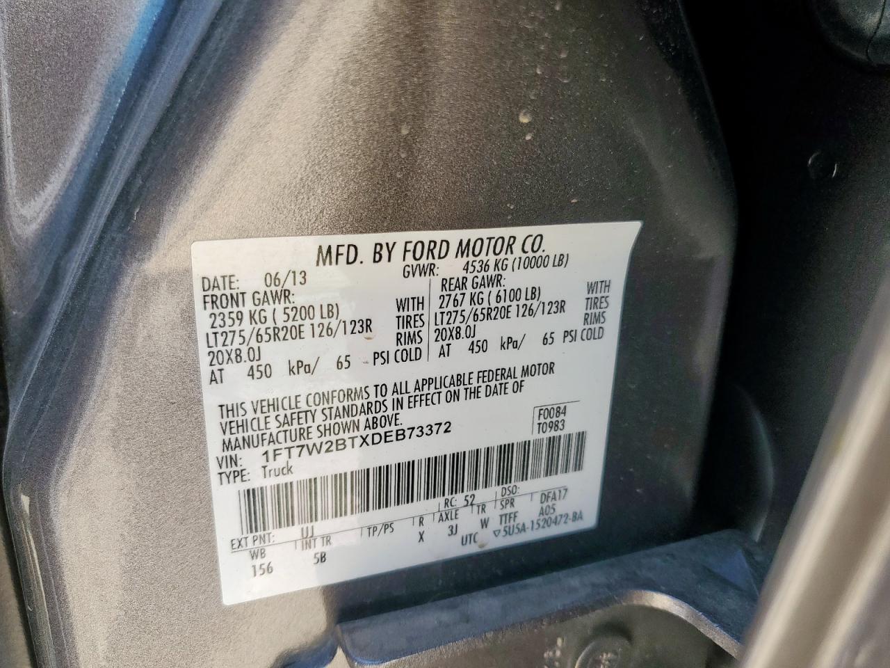 2013 Ford F250 Super Duty VIN: 1FT7W2BTXDEB73372 Lot: 91157465