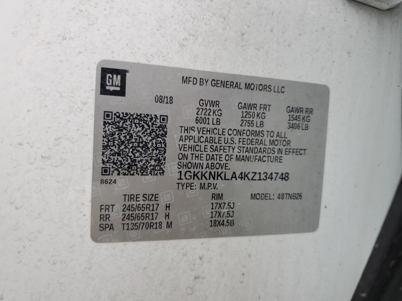 2019 GMC Acadia Sle VIN: 1GKKNKLA4KZ134748 Lot: 93484115