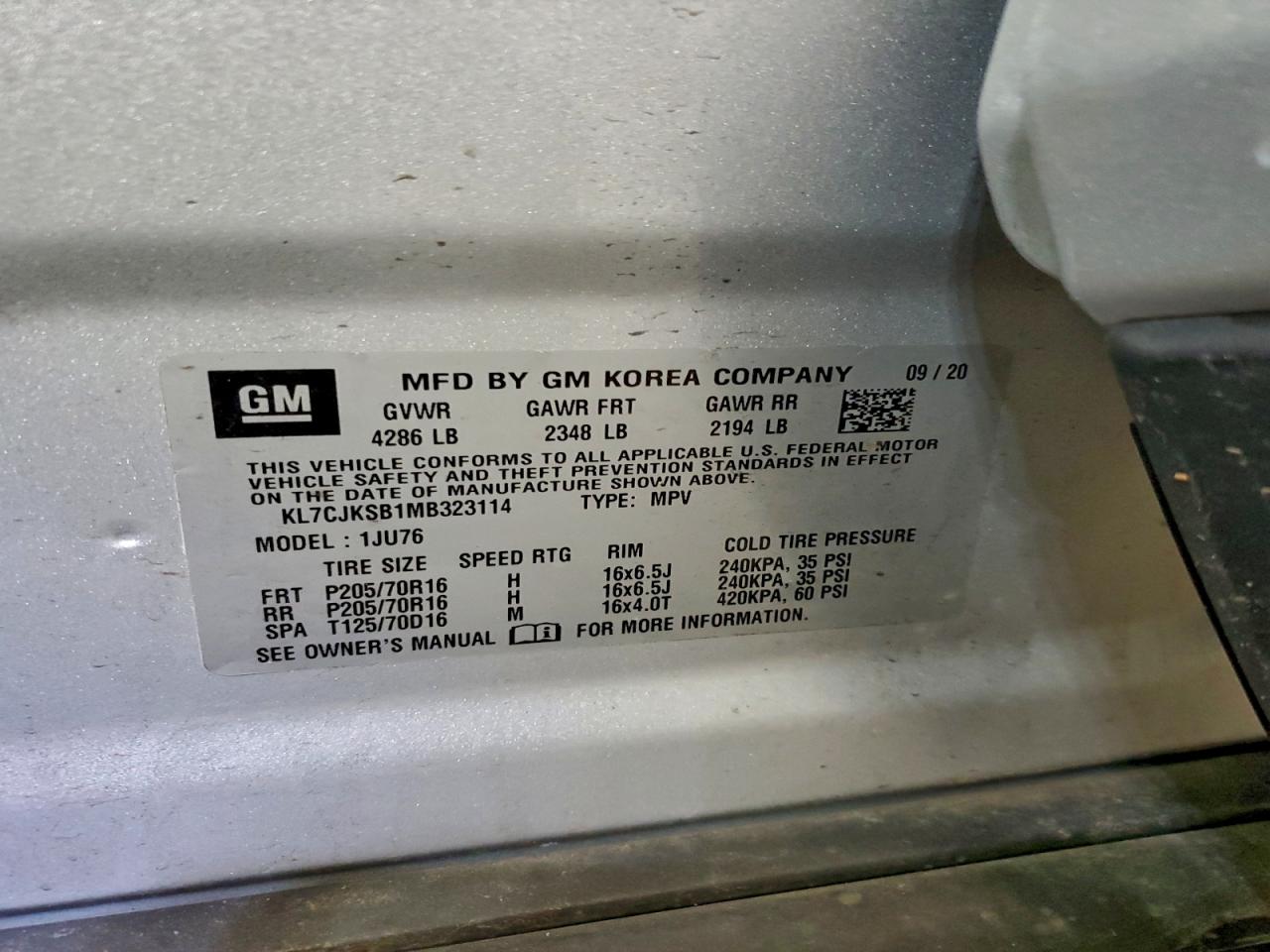 2021 Chevrolet Trax Ls VIN: KL7CJKSB1MB323114 Lot: 93346905