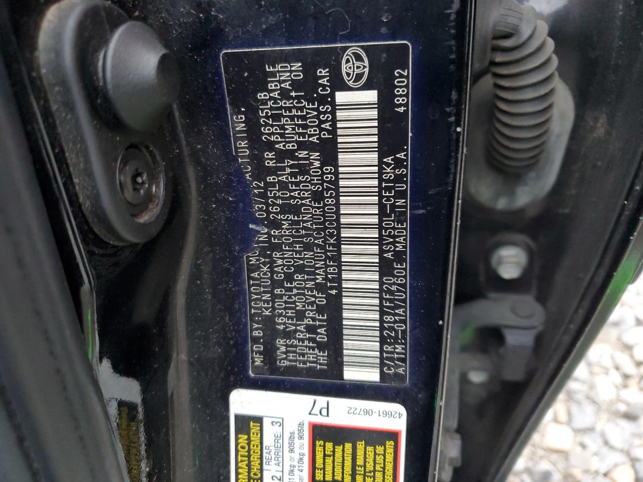 2012 Toyota Camry Base VIN: 4T1BF1FK3CU085799 Lot: 91491905