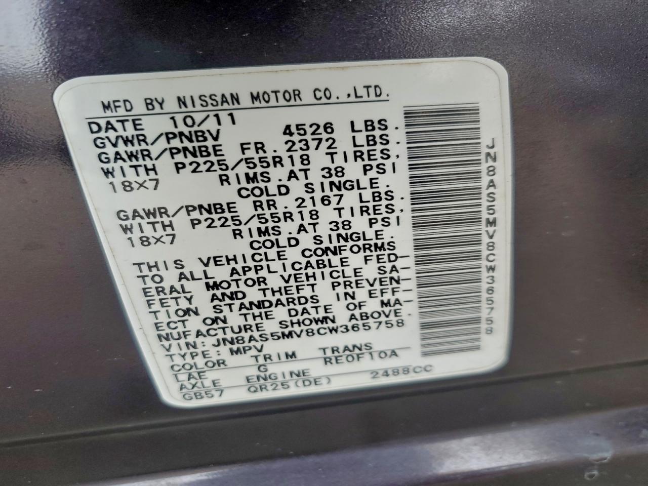 2012 Nissan Rogue S VIN: JN8AS5MV8CW365758 Lot: 93063975