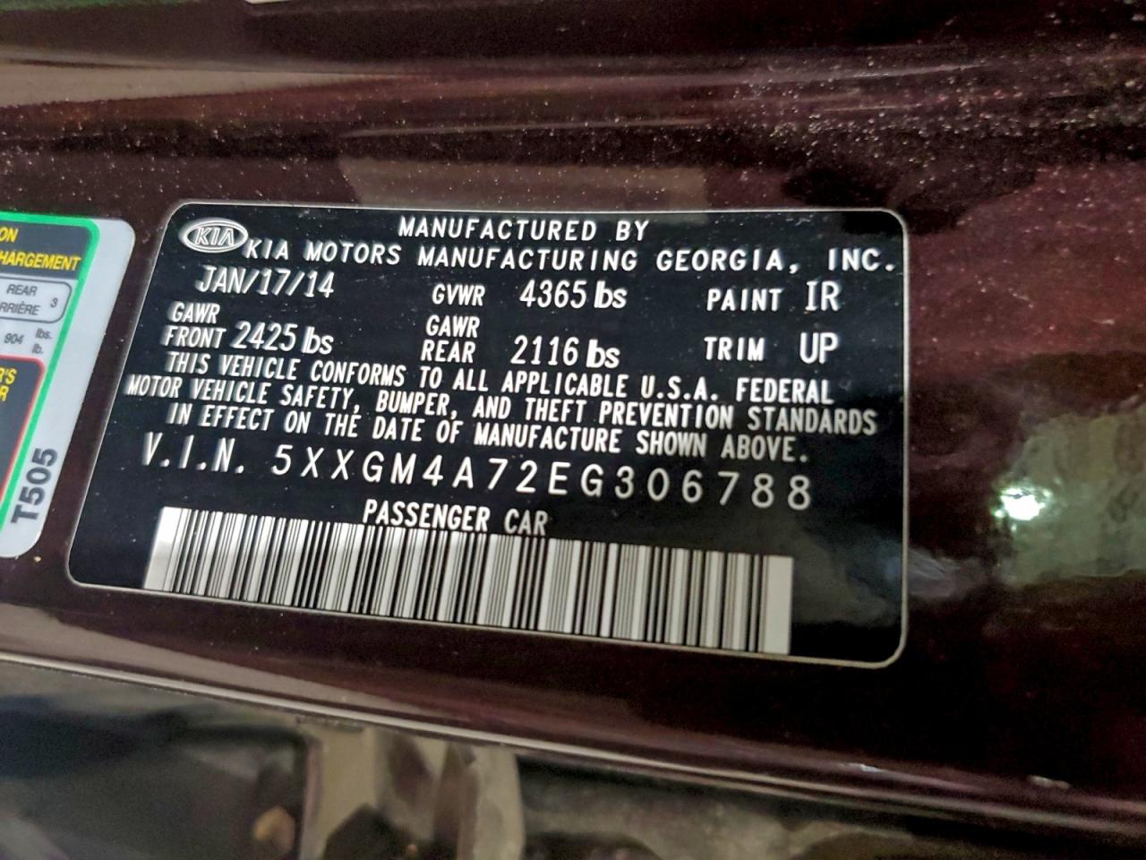 2014 Kia Optima Lx VIN: 5XXGM4A72EG306788 Lot: 93428555