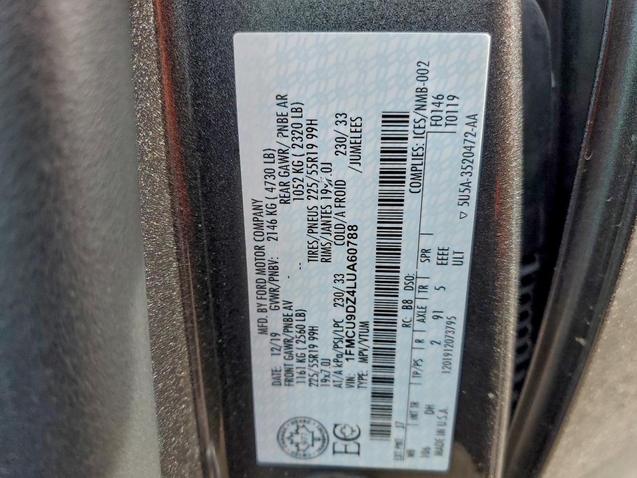 2020 Ford Escape Titanium VIN: 1FMCU9DZ4LUA60788 Lot: 94738515