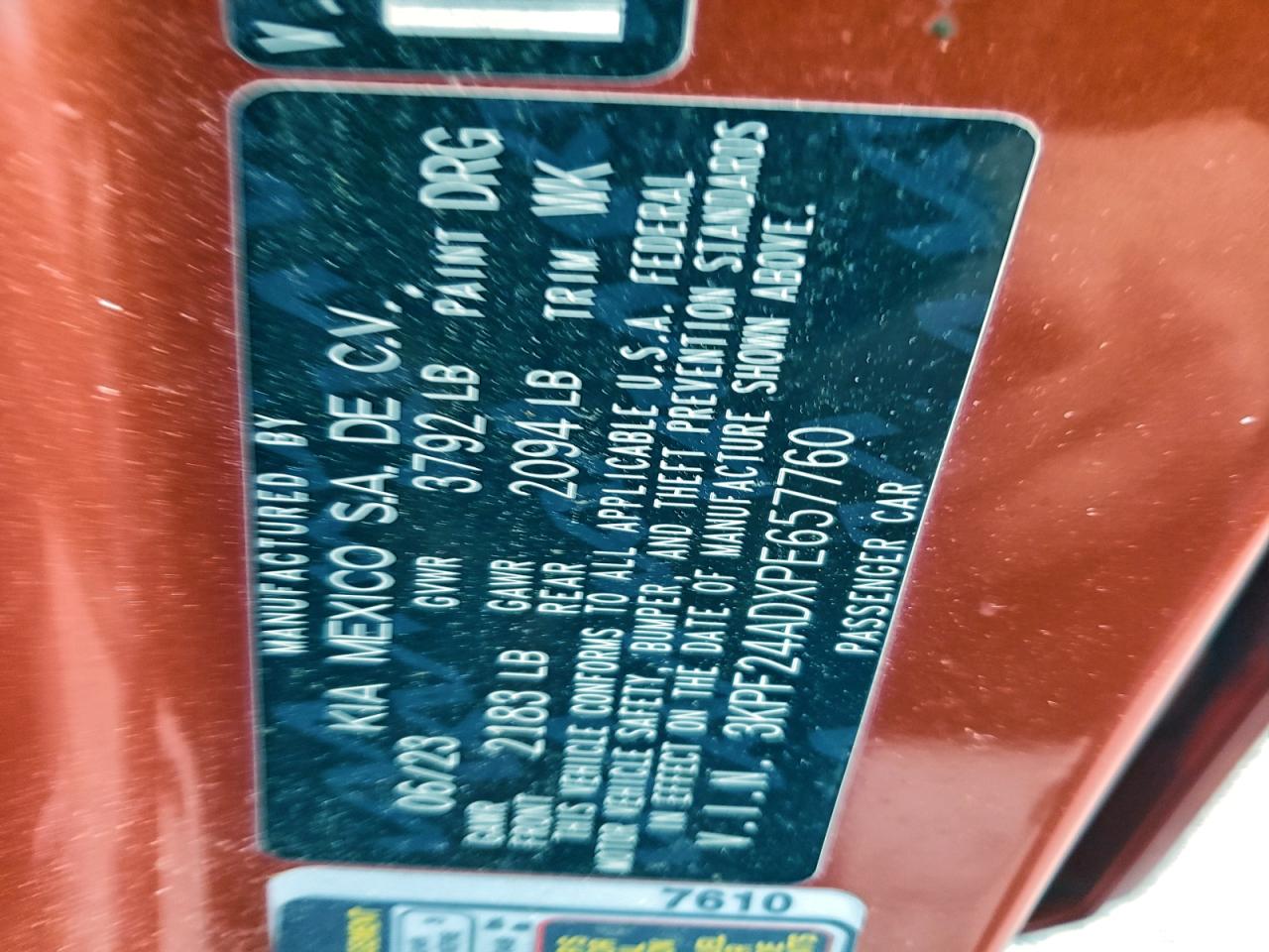 2023 Kia Forte Lx VIN: 3KPF24ADXPE657760 Lot: 93519765