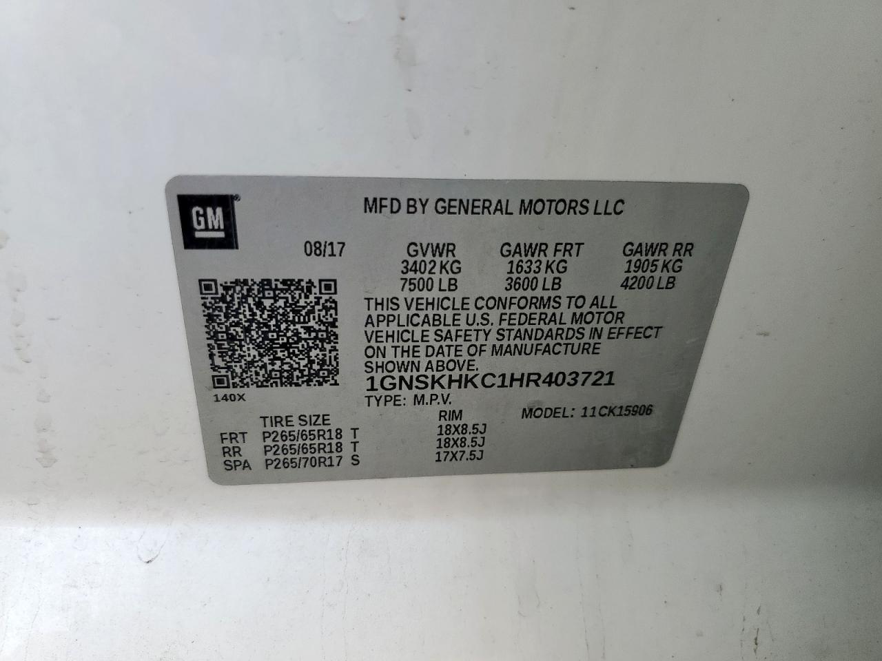 2017 Chevrolet Suburban K1500 Lt VIN: 1GNSKHKC1HR403721 Lot: 92343445