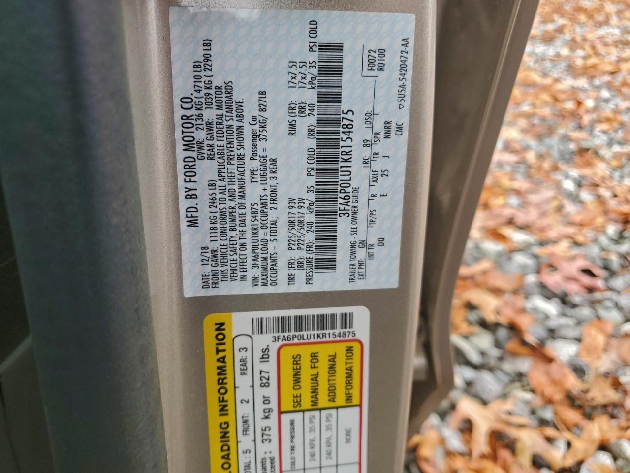 2019 Ford Fusion Se VIN: 3FA6P0LU1KR154875 Lot: 93774295