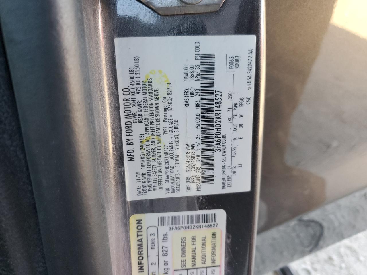 2019 Ford Fusion Se VIN: 3FA6P0HD2KR148527 Lot: 93540415