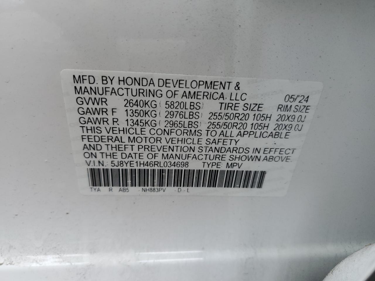 2024 Acura Mdx Technology VIN: 5J8YE1H46RL034698 Lot: 92365625