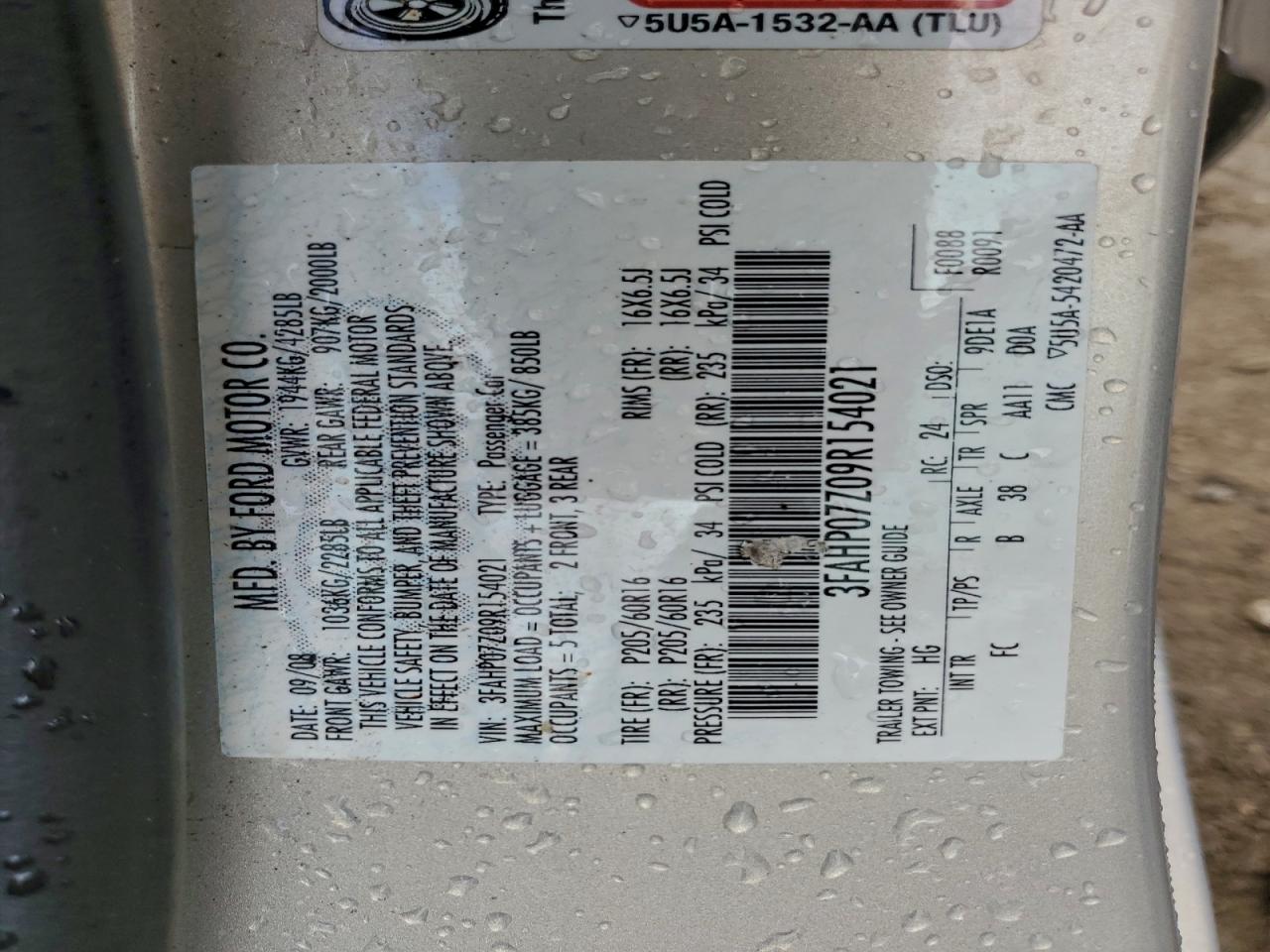 2009 Ford Fusion Se VIN: 3FAHP07Z09R154021 Lot: 94111215