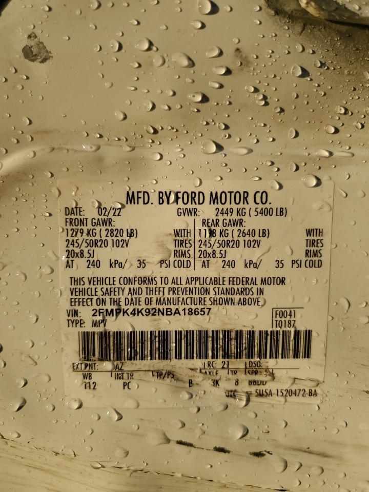 2022 Ford Edge Titanium VIN: 2FMPK4K92NBA18657 Lot: 91712525