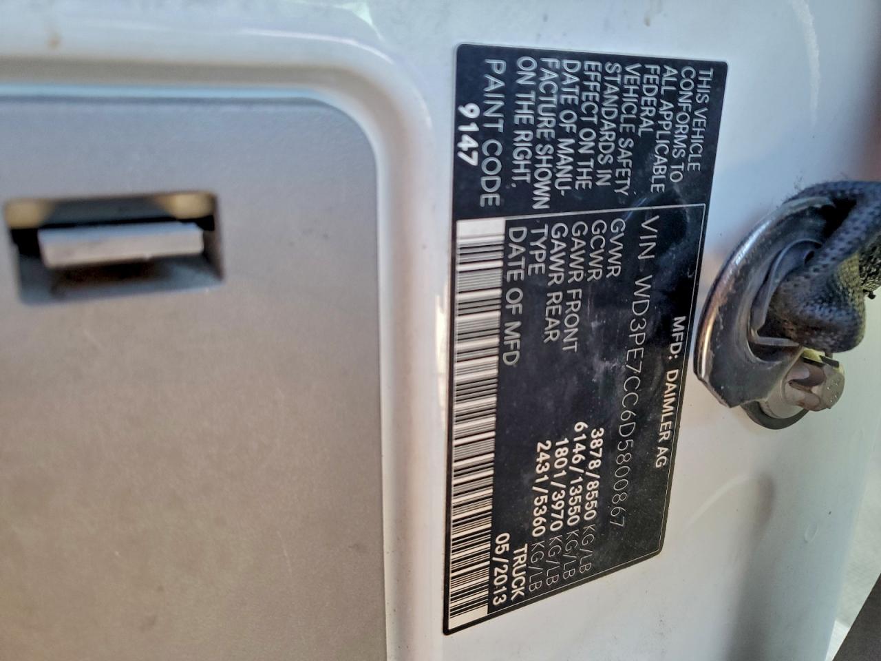 2013 Mercedes-Benz Sprinter 2500 VIN: WD3PE7CC6D5800867 Lot: 94451995