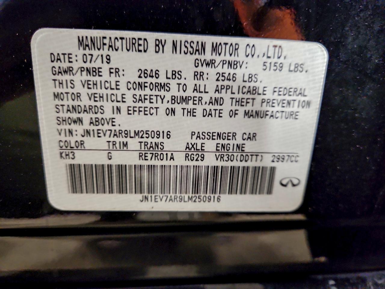 2020 Infiniti Q50 Pure VIN: JN1EV7AR9LM250916 Lot: 93808065