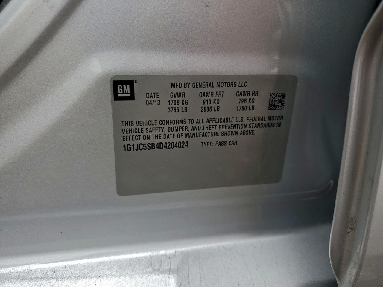 2013 Chevrolet Sonic Lt VIN: 1G1JC5SB4D4204024 Lot: 94666605