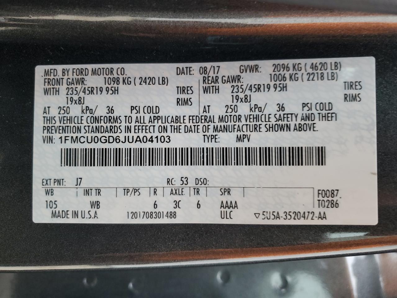 2018 Ford Escape Se VIN: 1FMCU0GD6JUA04103 Lot: 93721705