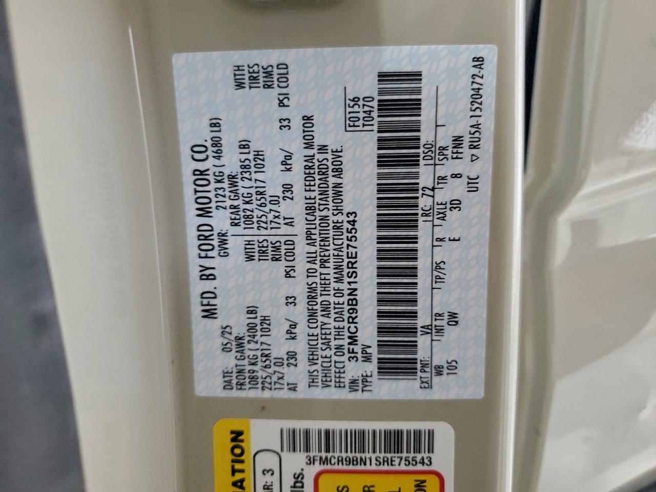 2025 Ford Bronco Sport Big Bend VIN: 3FMCR9BN1SRE75543 Lot: 93907875