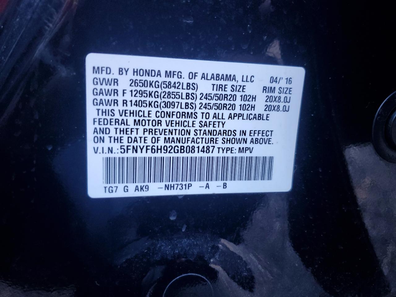 2016 Honda Pilot Touring VIN: 5FNYF6H92GB081487 Lot: 91281725