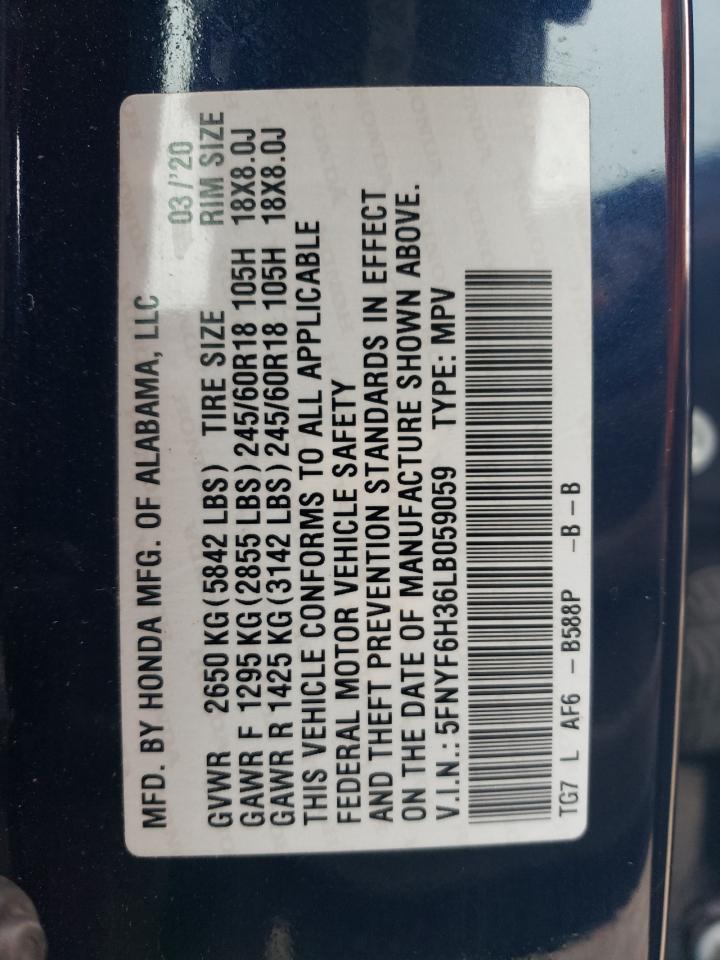 2020 Honda Pilot Ex VIN: 5FNYF6H36LB059059 Lot: 93559515