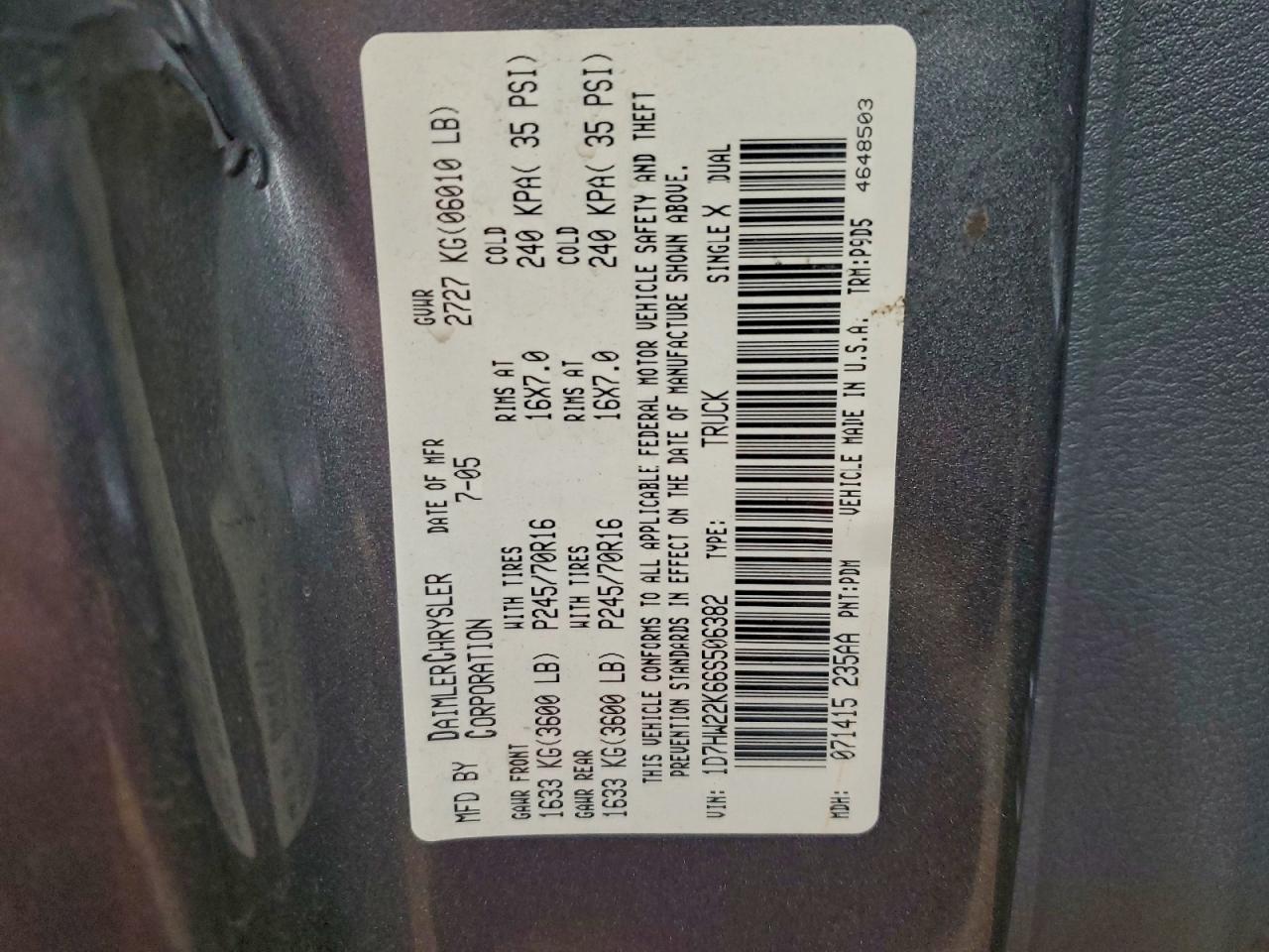 2006 Dodge Dakota St VIN: 1D7HW22K66S506382 Lot: 93971945