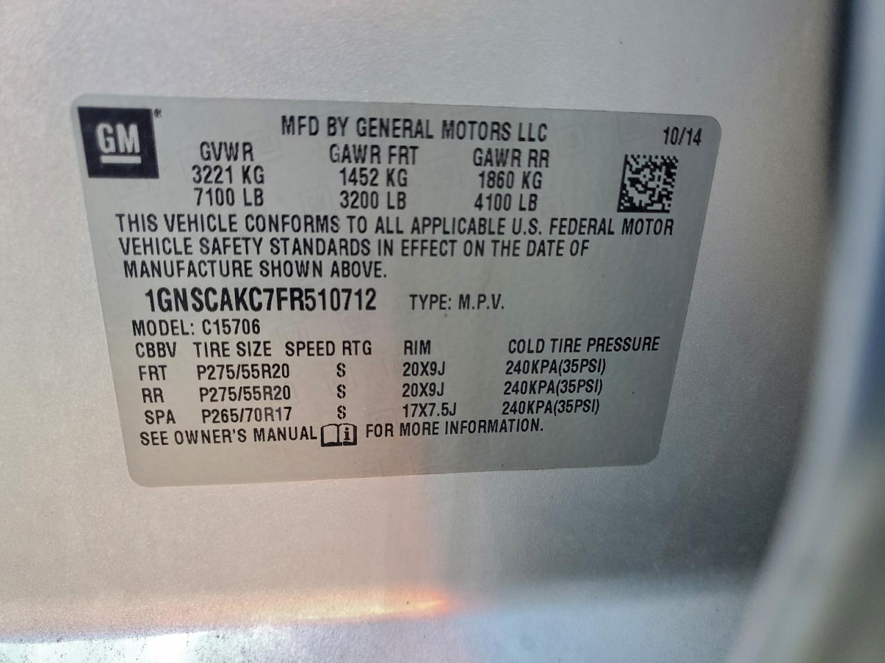 2015 Chevrolet Tahoe C1500 Ls VIN: 1GNSCAKC7FR510712 Lot: 94071925