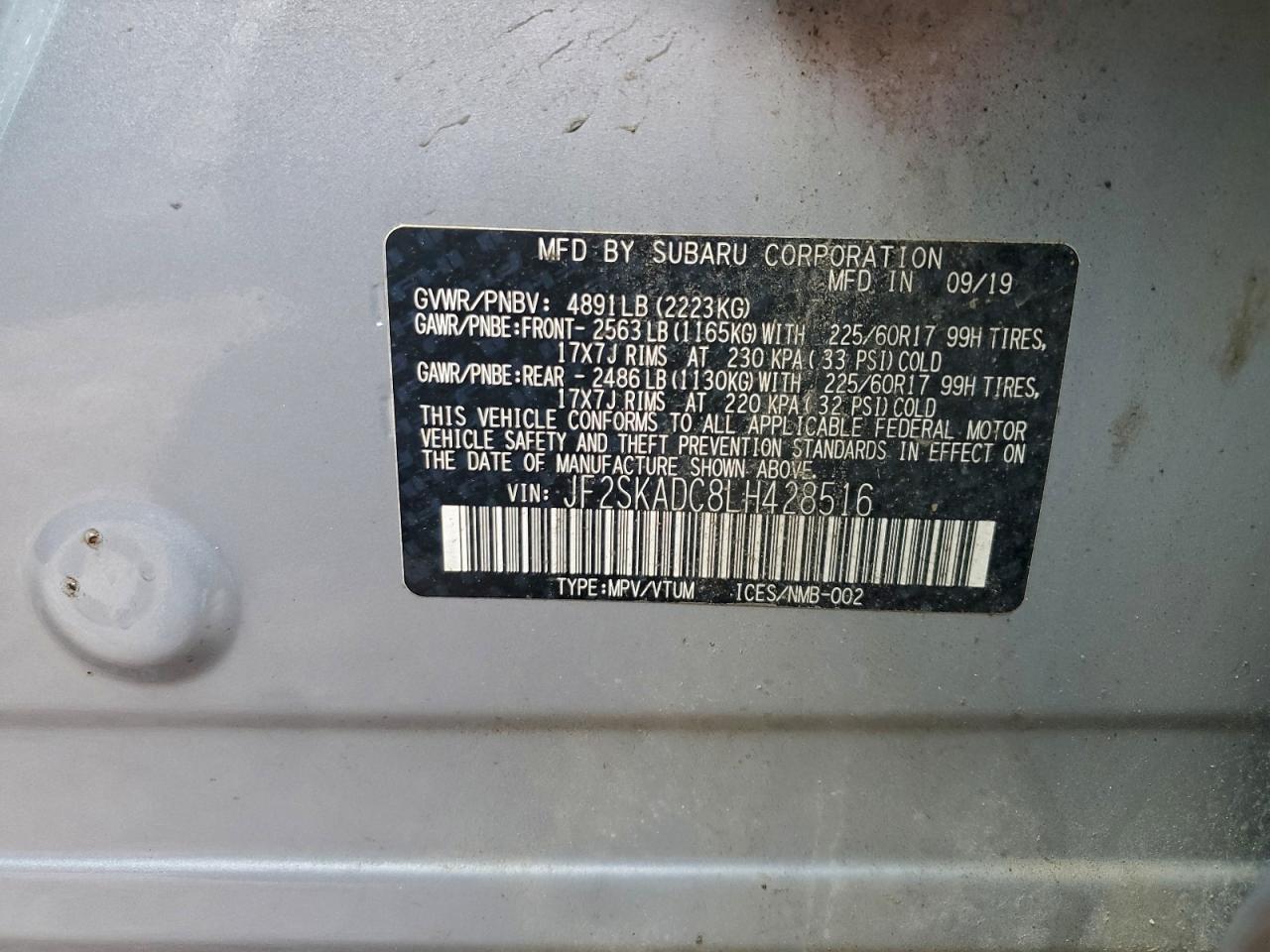 2020 Subaru Forester VIN: JF2SKADC8LH428516 Lot: 94459795