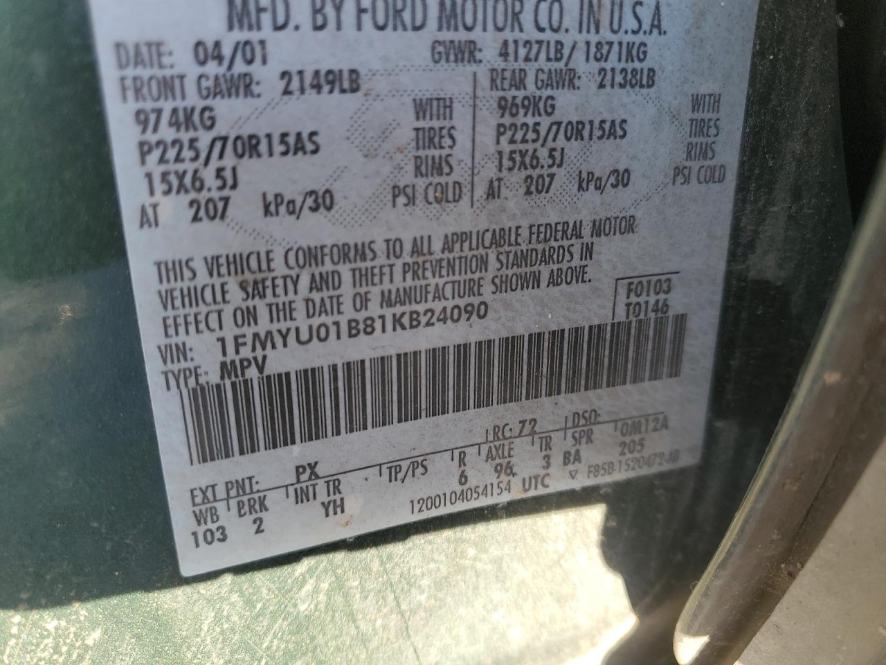 2001 Ford Escape Xls VIN: 1FMYU01B81KB24090 Lot: 92005035