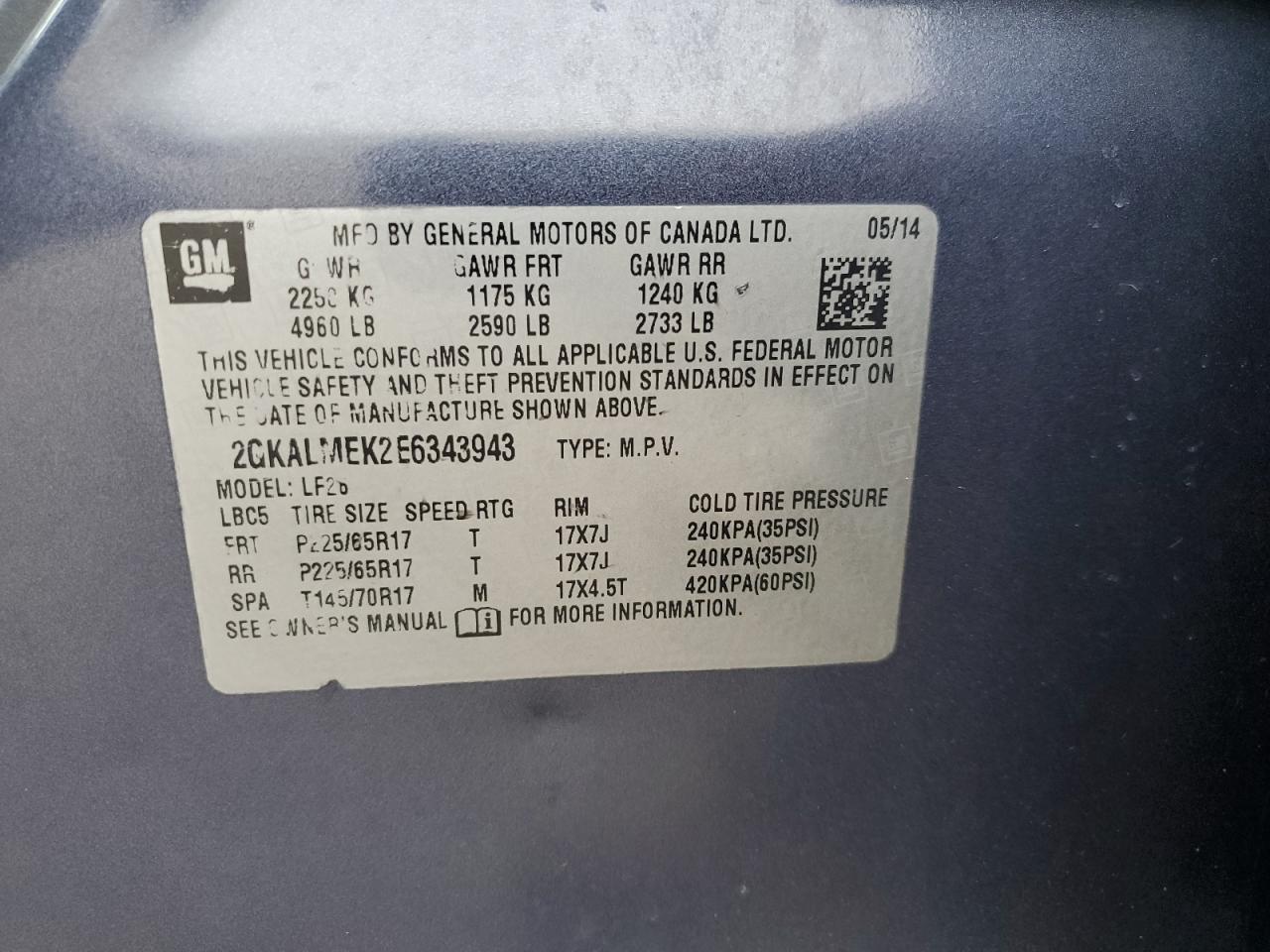 2014 GMC Terrain Sle VIN: 2GKALMEK2E6343943 Lot: 92493625